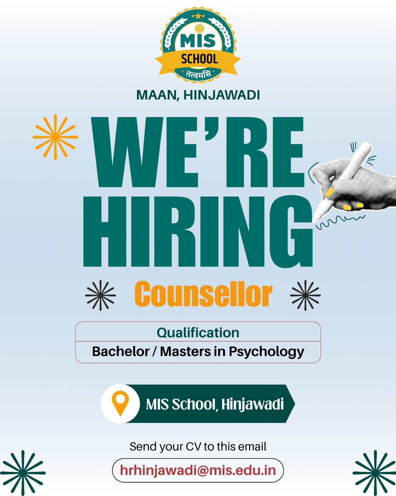 MIS School Hinjawadi is hiring a Counsellor with a Bachelor's or Master's in Psychology
